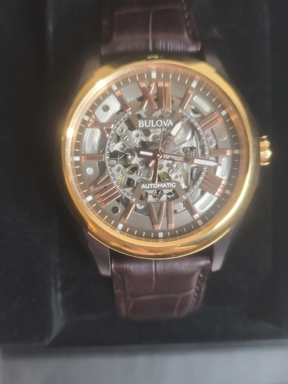 Bulova Men's Sutton Automatic Skeleton Brown Leather Watch 43MM 98A165